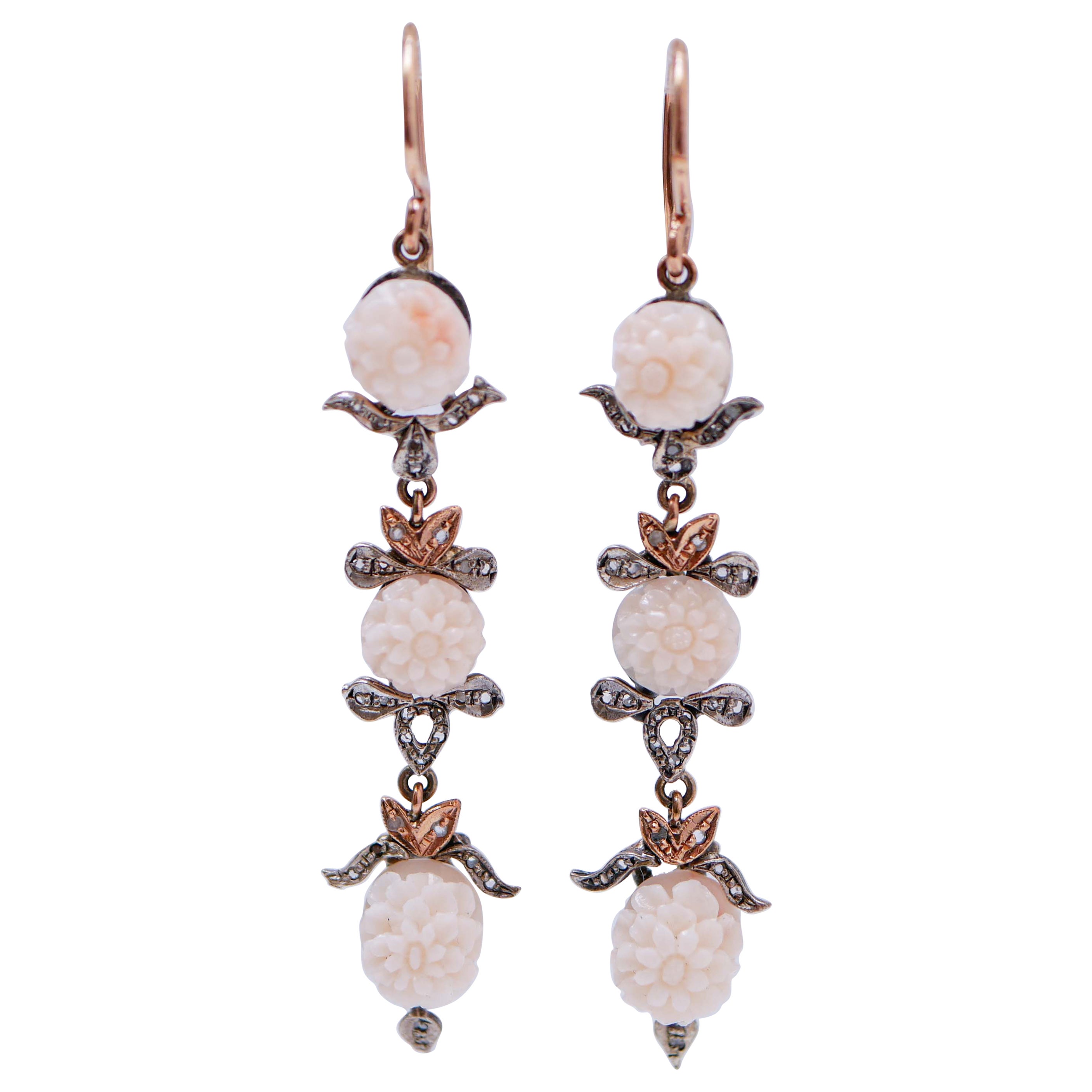 Corals, Diamonds, Rose Gold and Silver Retrò Earrings.