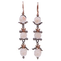 Vintage Corals, Diamonds, Rose Gold and Silver Retrò Earrings.