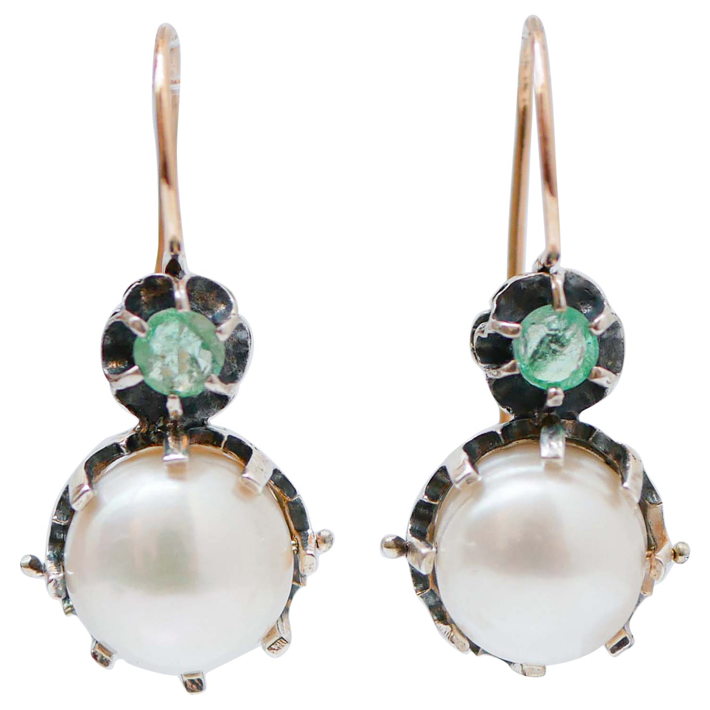 Pearls, Emeralds, Rose Gold and Silver Retrò Earrings. For Sale