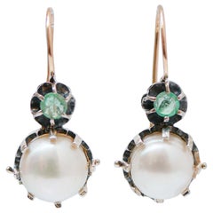 Vintage Pearls, Emeralds, Rose Gold and Silver Retrò Earrings.