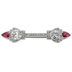 Art Deco Unheated Burmese Ruby European Cut Diamond Platinum Bar Brooch