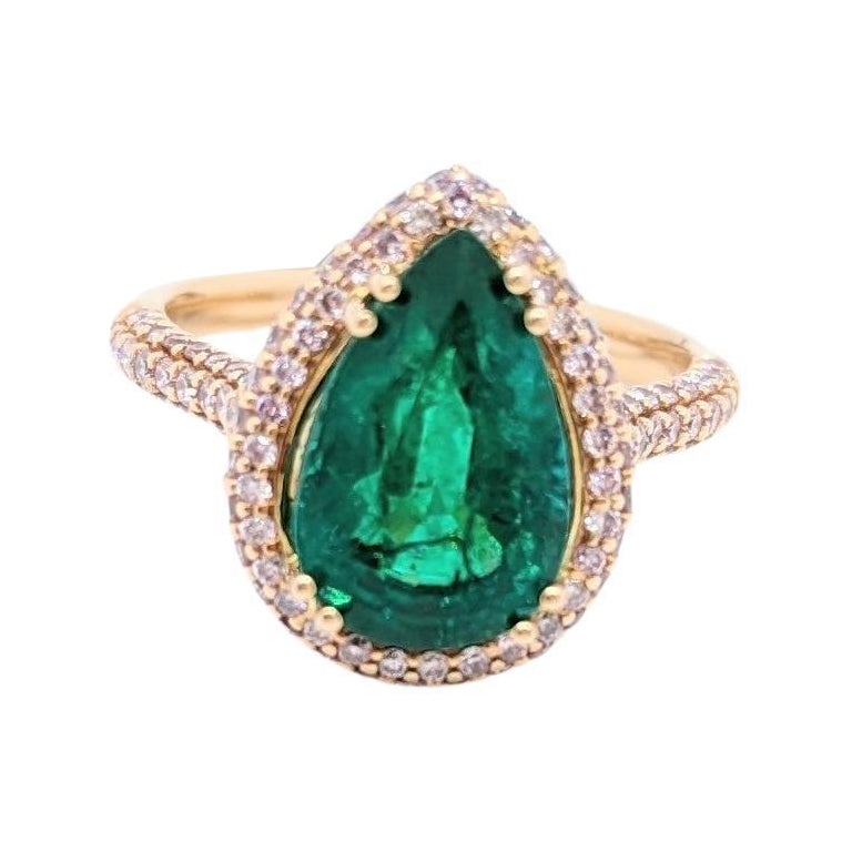 Emerald Pear and Natural Pink Diamond Cocktail Ring in 18K Rose Gold For Sale