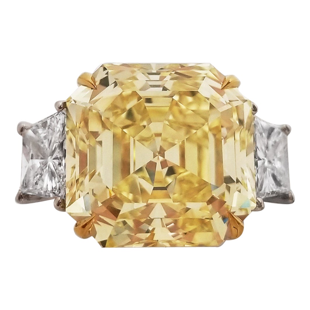 12.22 ct Asscher Cut GIA Certified Engagement Ring Scarseli Fancy Intense Yellow For Sale