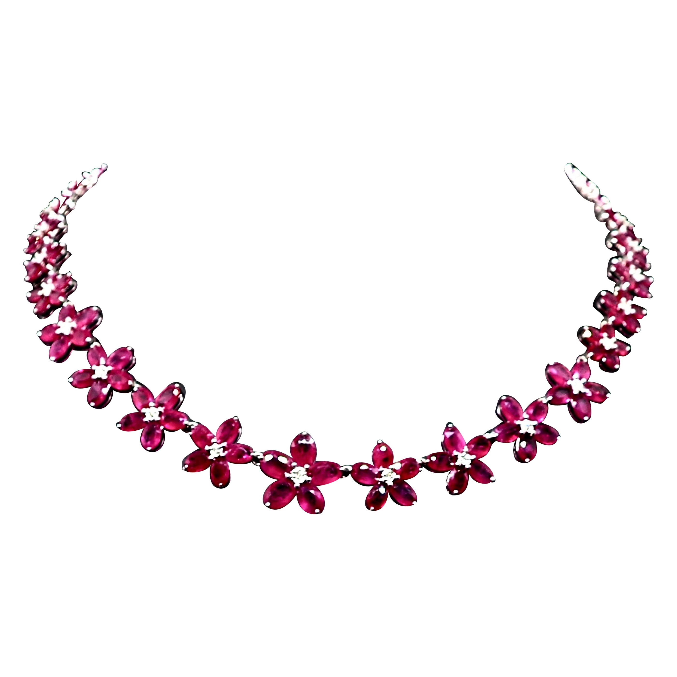 Ruby Diamond Floral Necklace 18 Karat White Gold For Sale