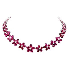 Ruby Diamond Floral Necklace 18 Karat White Gold