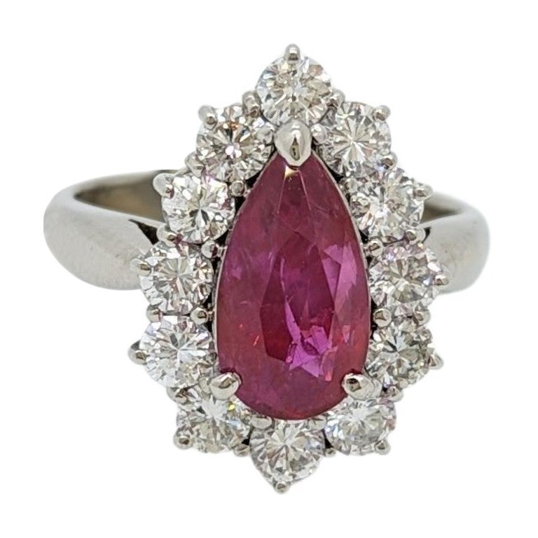 GIA Unheated Mozambique Purplish Red Ruby and White Diamond Ring in Platinum For Sale