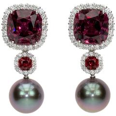 "Samuel Getz" Exceptional Tahitian Pearl, Spinel Garnet & Diamond Plat Earrings