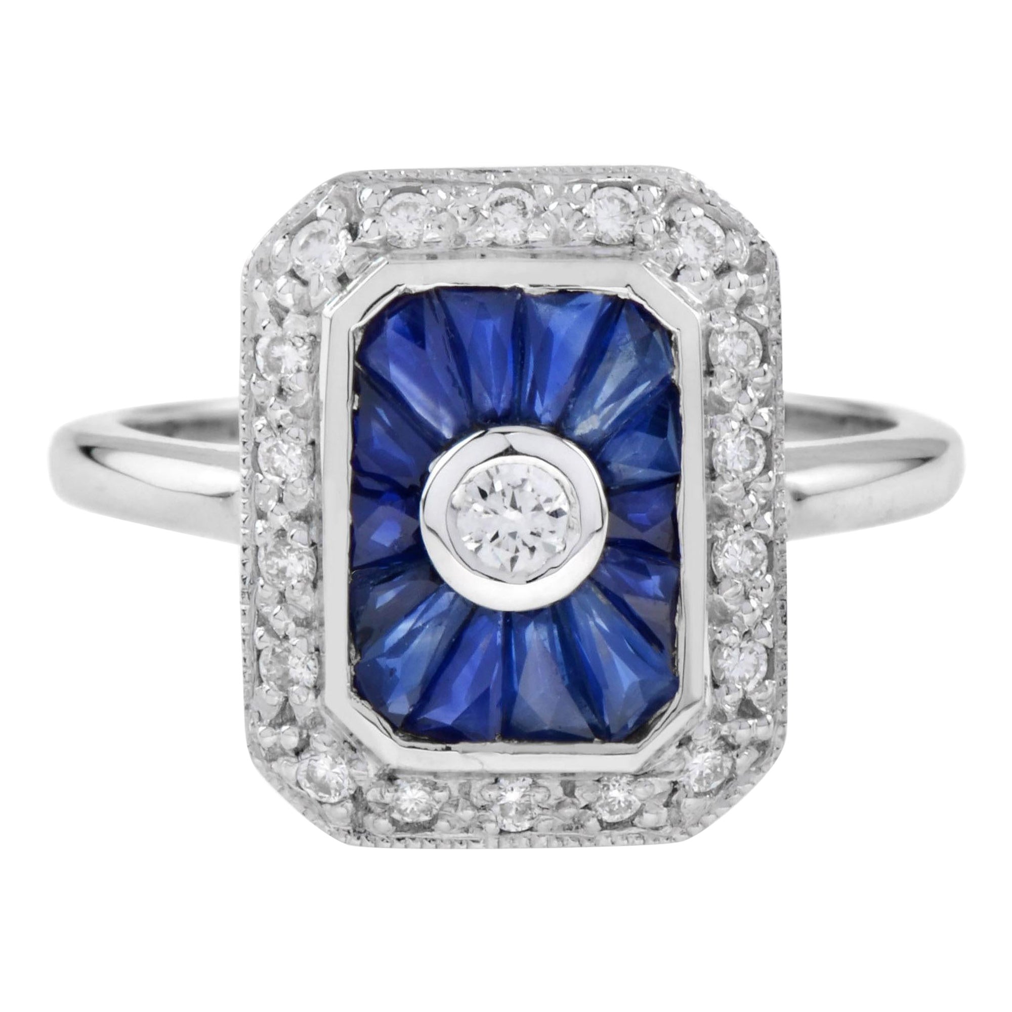 Diamond and Sapphire Art Deco Style Engagement Ring in 9K White Gold
