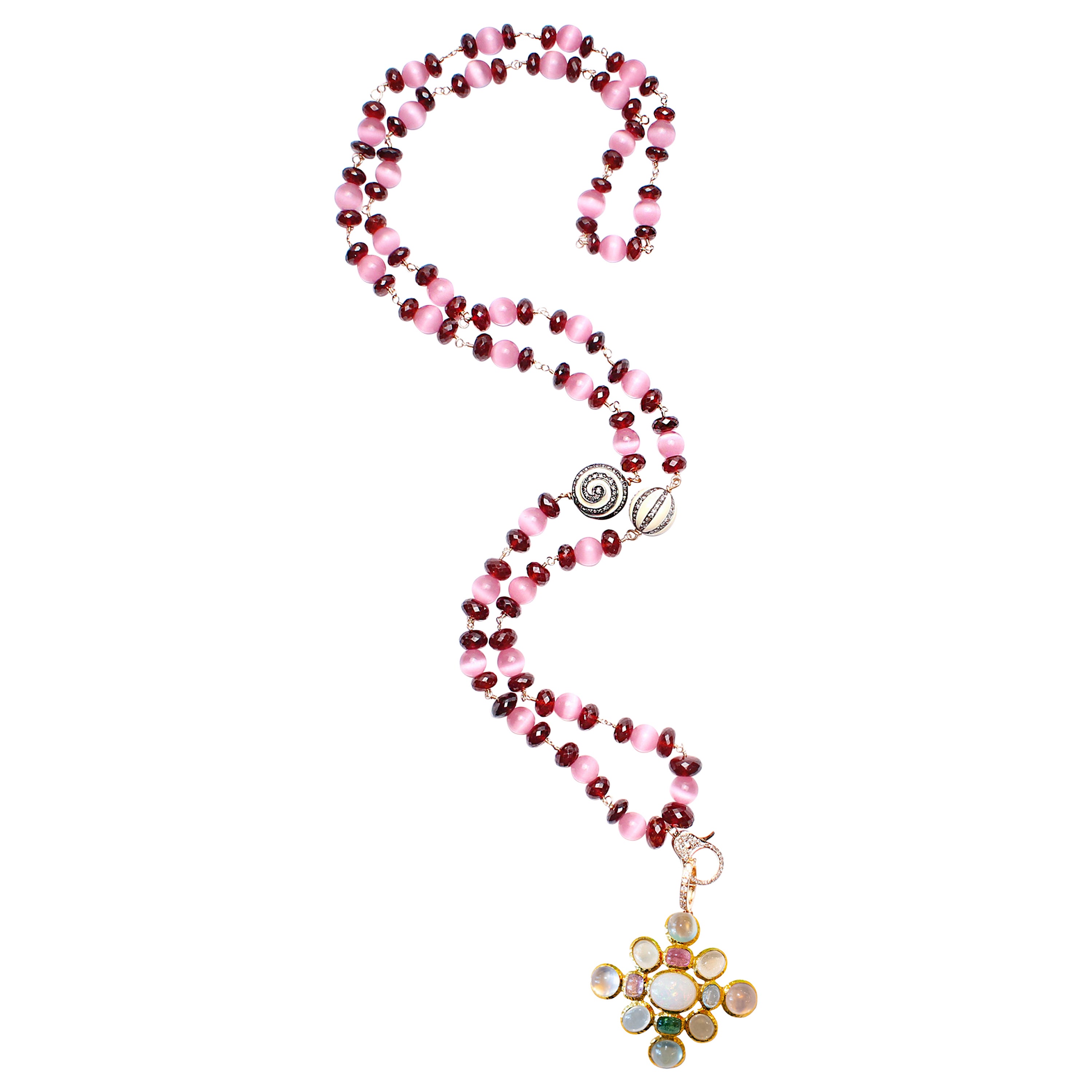 CLARISSA BRONFMAN Garnet Quartz Diamond Rosary & Quartz Opal Pendant Necklace  For Sale