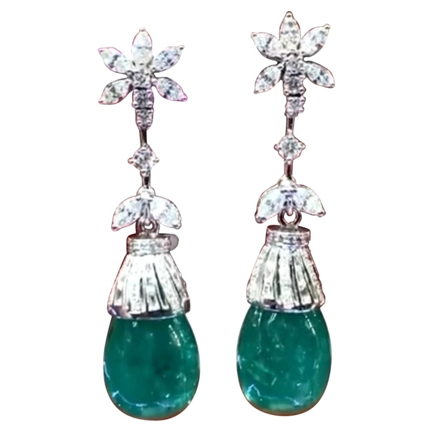 AIG Certified 50.20 Carat Zambia Emeralds Diamonds 4 Ct 18K Gold Earrings 