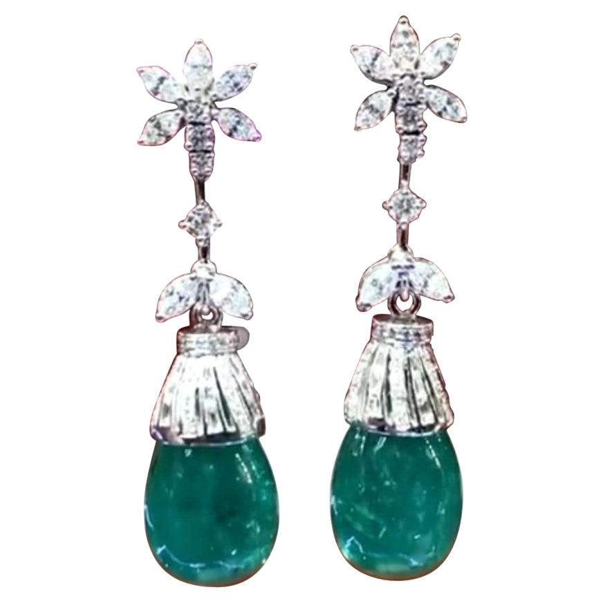 AIG Certified 50.20 Carat Zambia Emeralds Diamonds 4 Ct 18K Gold Earrings