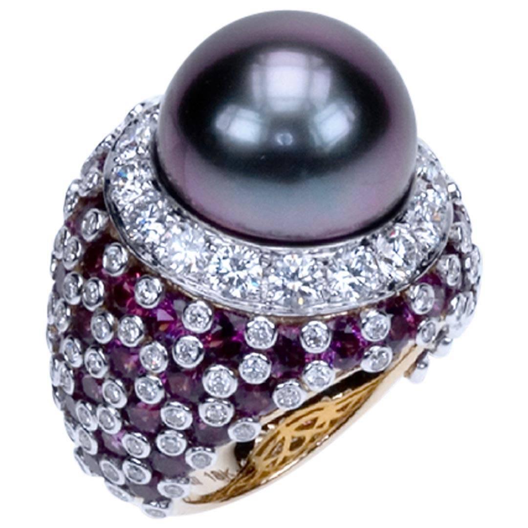 Samuel Getz Tahitian Pearl Purple Garnet Diamond Two Color Gold Ring For Sale