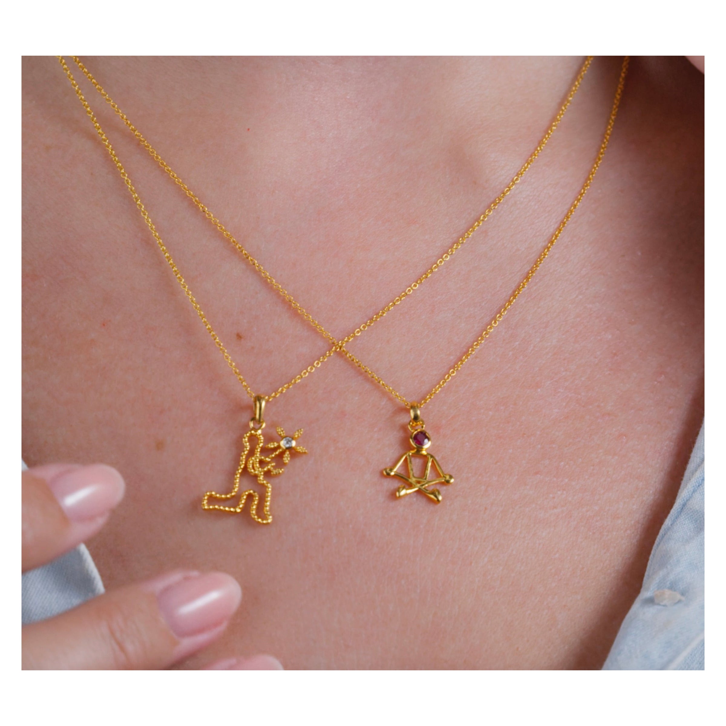 0.02 Carat Diamond Yellow Gold Stick Figure with Flower Pendant Necklace For Sale