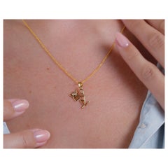 0.05 Carat Diamond Yellow Gold Stick Figure Presenting Gift Pendant Necklace