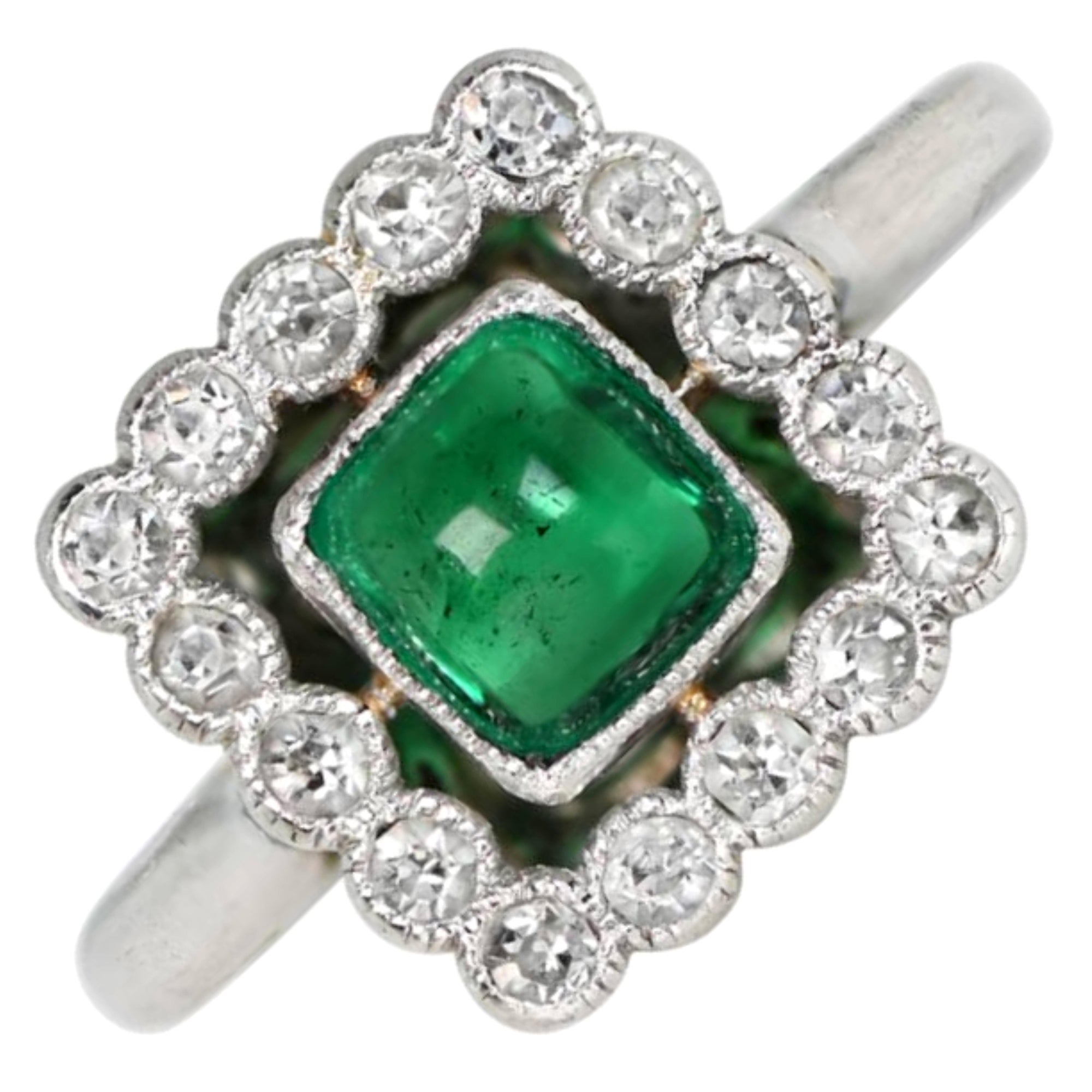 Antique 0.75ct Sugarloaf Cut Emerald Engagement Ring, Diamond Halo, Platinum