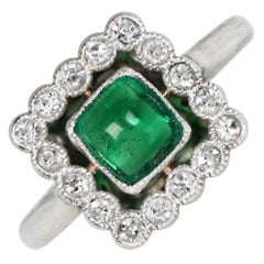 Antique 0.75ct Sugarloaf Cut Emerald Engagement Ring, Diamond Halo, Platinum