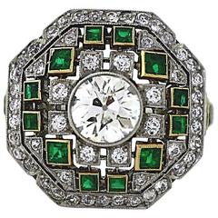 Hand Made 1.50 Carat European Cut Center and French Cut Emerald Platinum Ring 9