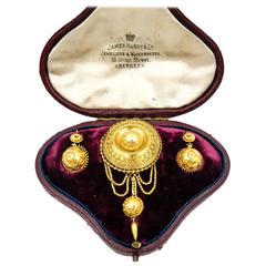 Cased Victorian Granulation Swag Motif Pin Earring Gold Set