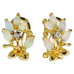 Vintage Flower Motif Opals and Diamonds Omega Back Earrings 14k Gold 