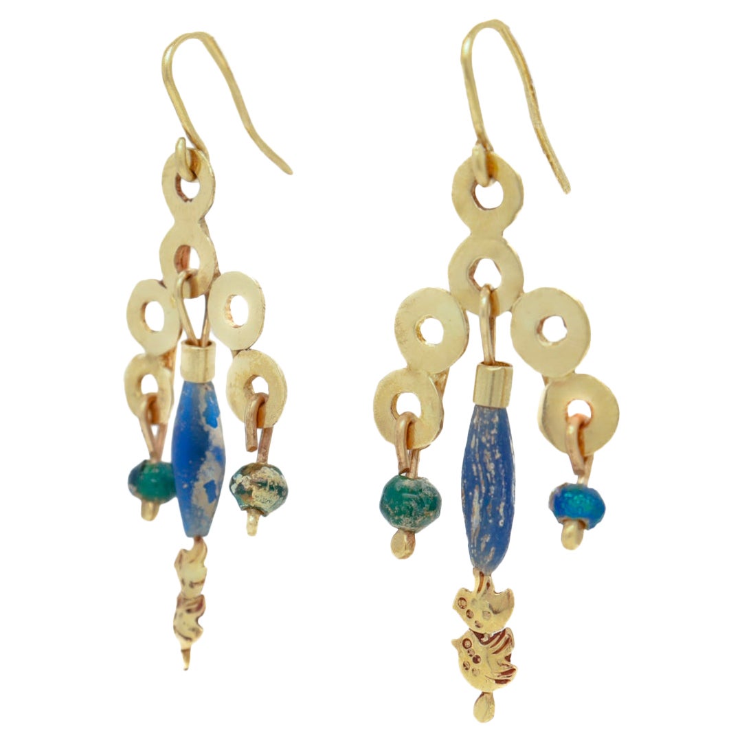 Etruscan Revival Style 14k Gold & Glass Bead Drop Earrings by Resia Schor For Sale