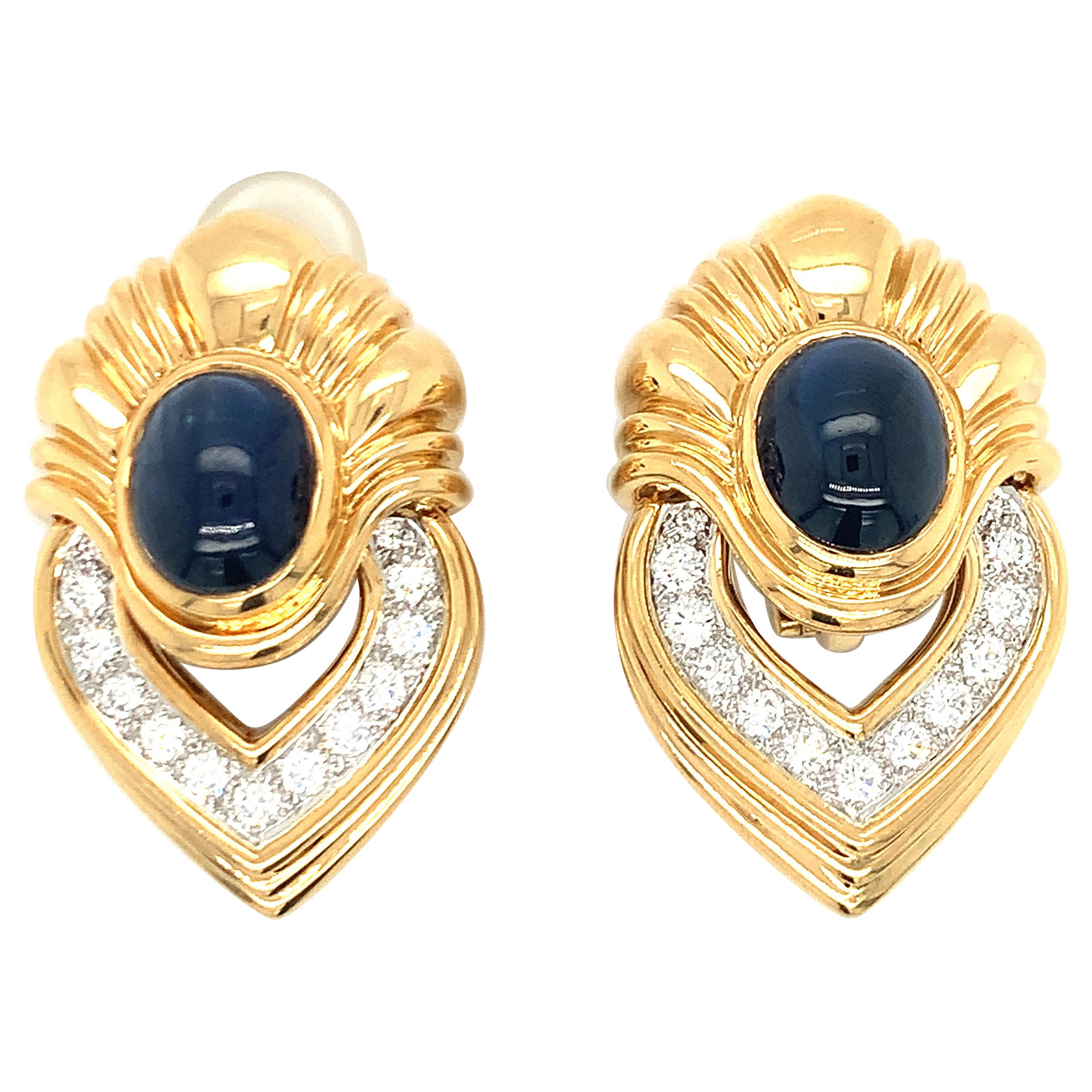 Sapphire and Diamond Platinum and 18k Gold Earclips For Sale