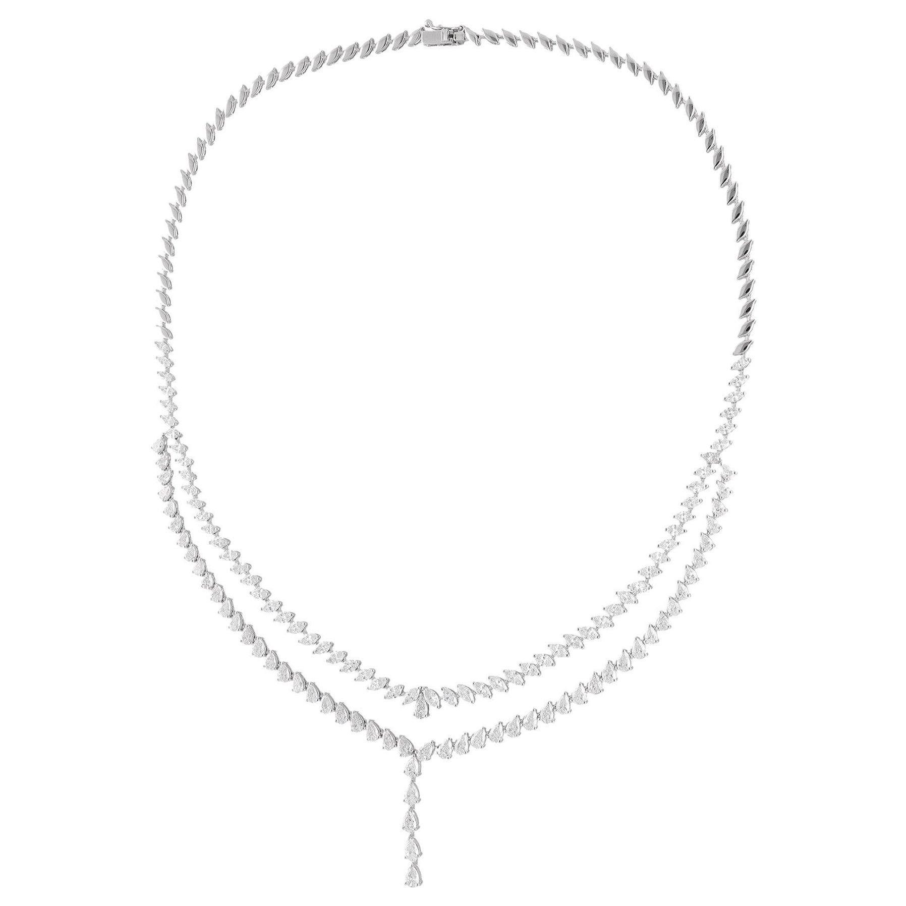 Collier lariat en or blanc 14 carats avec diamants taille marquise et poire, fabrication artisanale