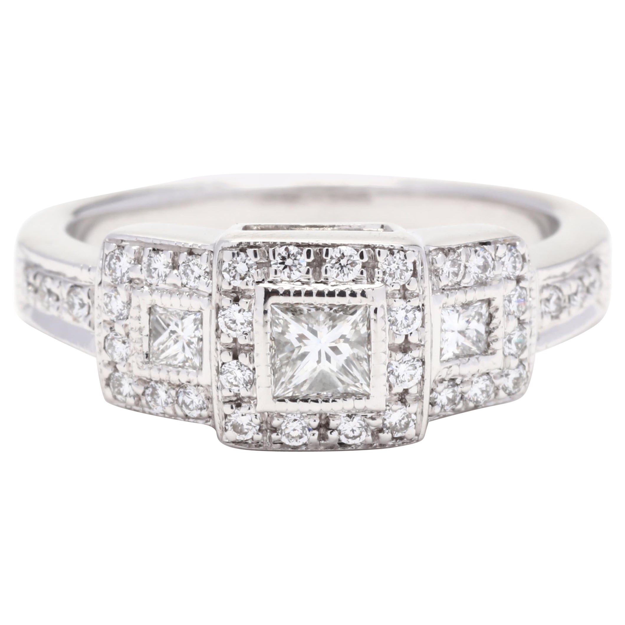 Princess Diamond Multi Stone Engagement Ring, 14K White Gold, Ring Size 5.5 For Sale