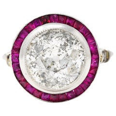 1990er Jahre Vintage 4,40 Karat alter europäischer Diamant Rubin Platin Runder Halo-Ring