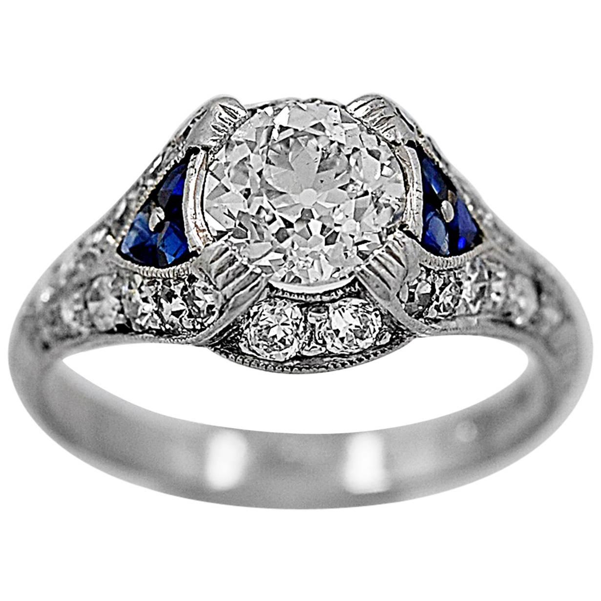 Art Deco 85 Carat Diamond Sapphire Platinum Engagement Ring