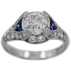 Antique Art Deco 85 Carat Diamond Sapphire Platinum Engagement Ring