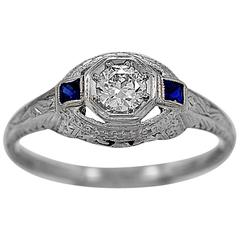 Art Deco Sapphire Diamond Gold Engagement Ring 