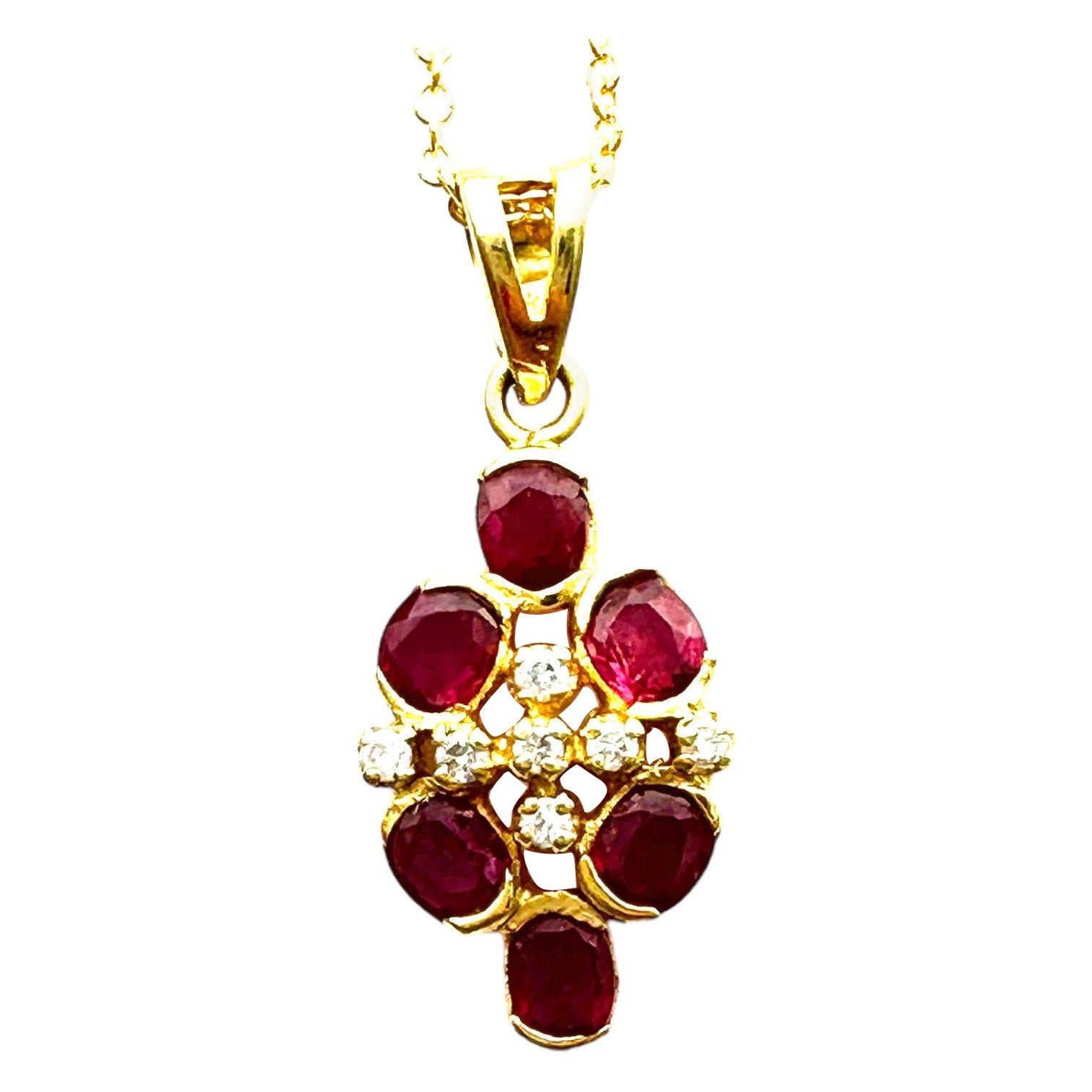 14 Karat yellow gold .75CTW Oval Ruby Diamond Cluster Drop Pendant