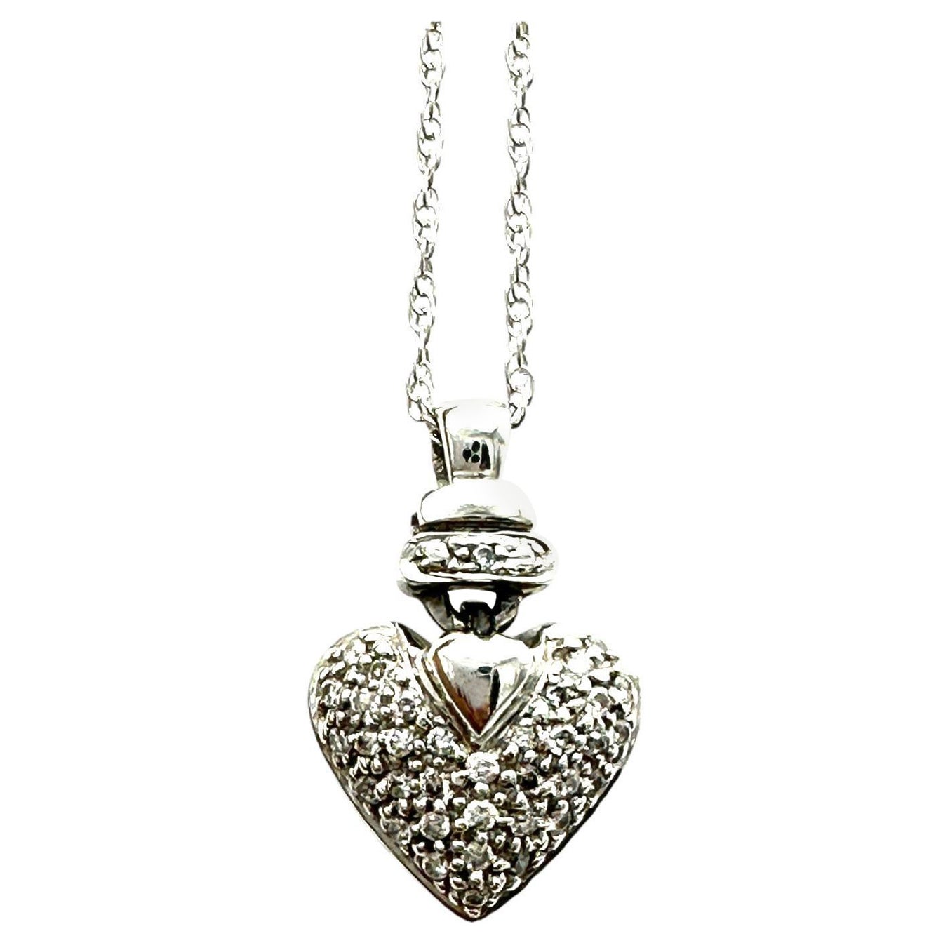 .70 Carat 14Kt White Gold Pave Puffed Diamond Heart 1/2" Pendant For Sale