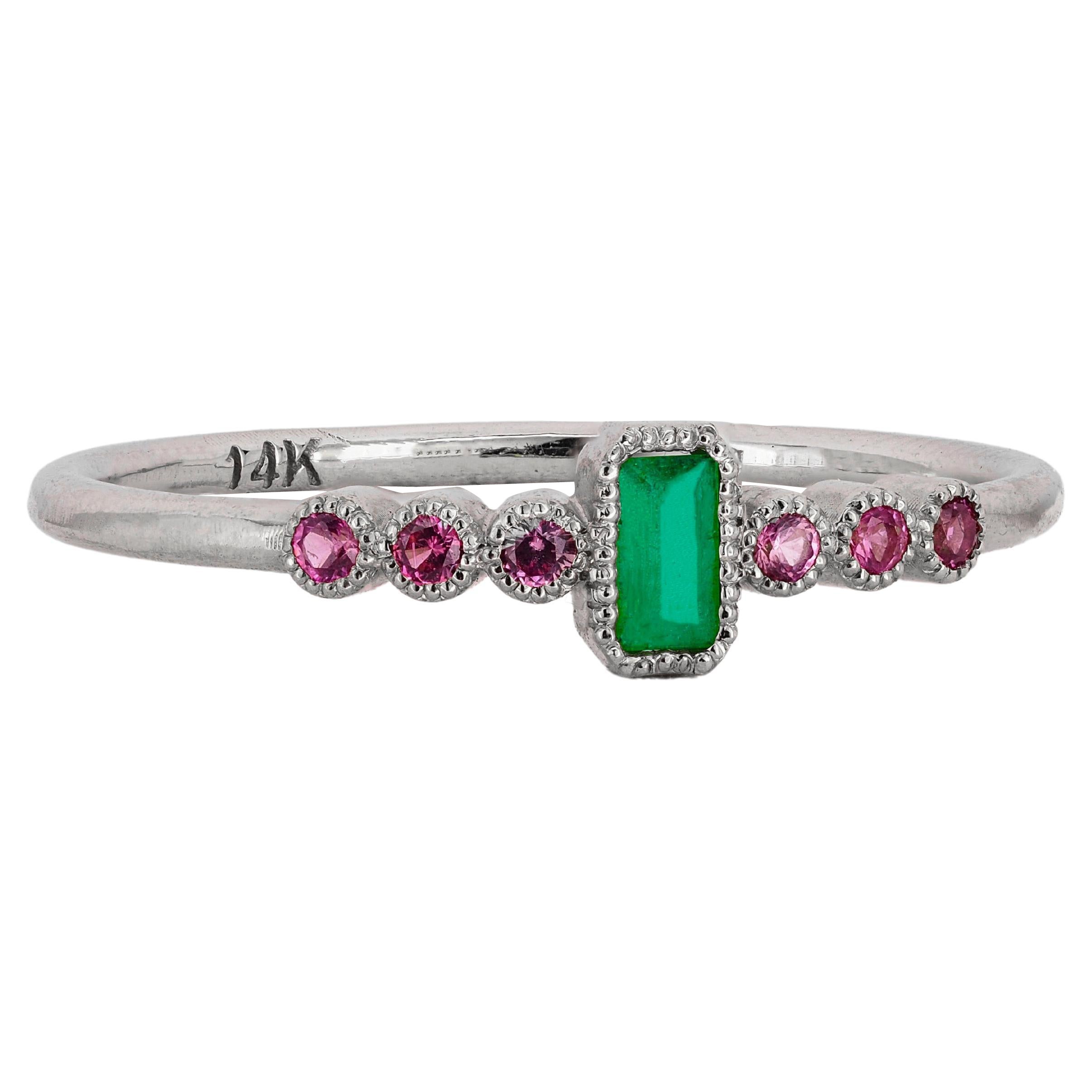 Baguette Cut Emerald and Sapphires 14k Gold Ring For Sale at 1stDibs