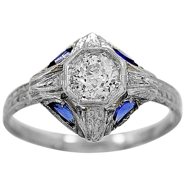 Antique Engagement Ring .43 Carat Diamond, Sapphire & 18K White Gold Art Deco For Sale