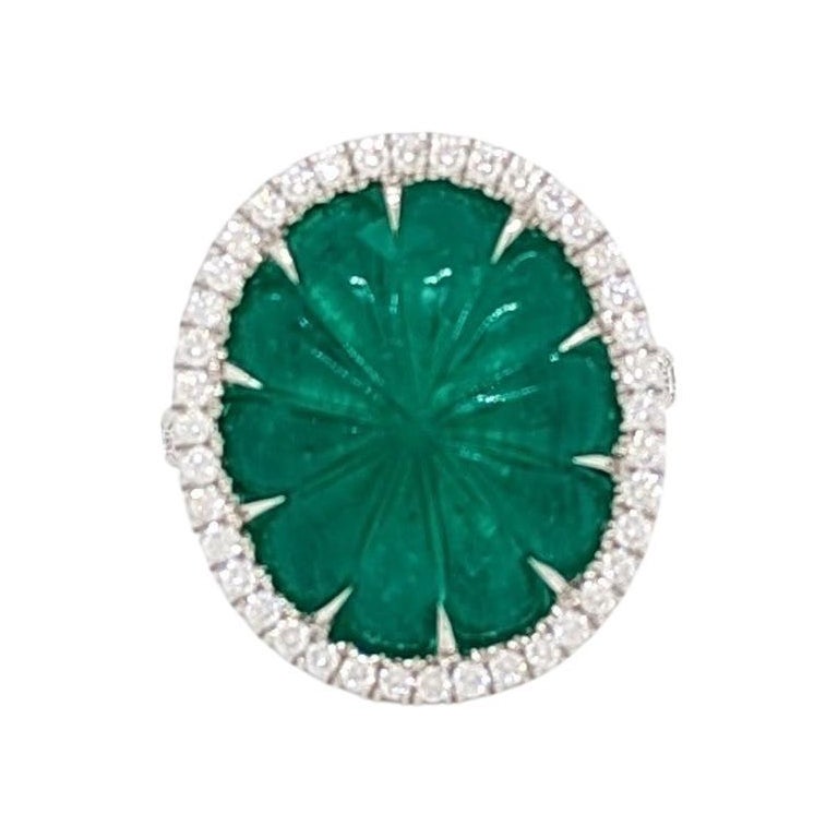 C. Dunaigre Certified Carved Colombian Emerald Oval and White Diamond Ring For Sale