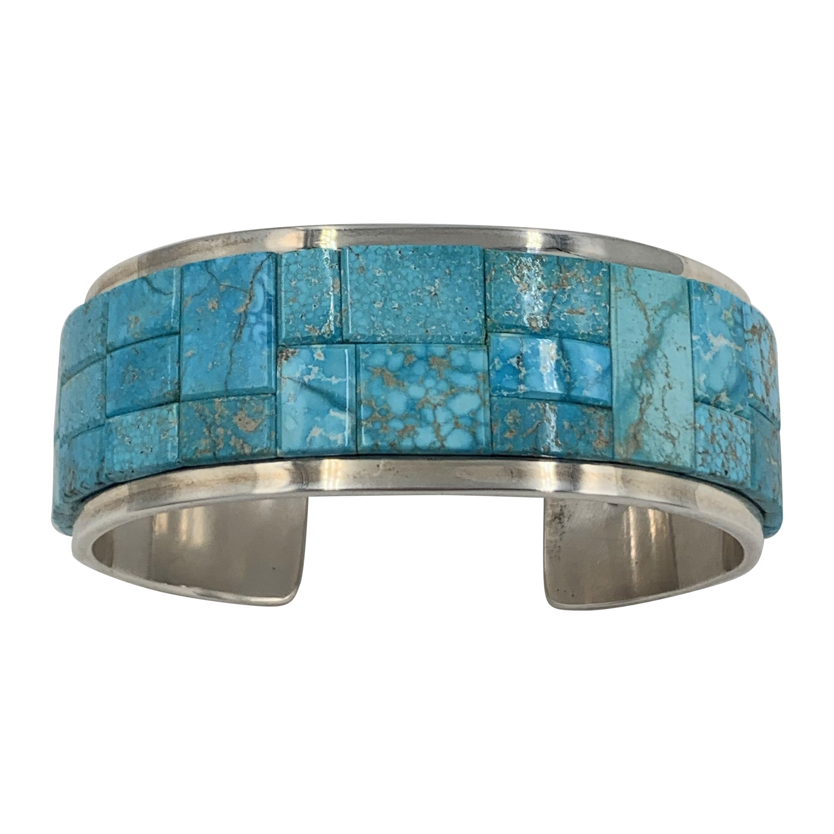 Kingman Turquoise Inlay Sterling Silver Cuff by Tommy Jackson For Sale