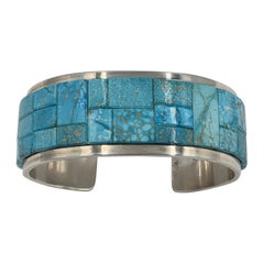 Kingman Turquoise Inlay Sterling Silver Cuff by Tommy Jackson