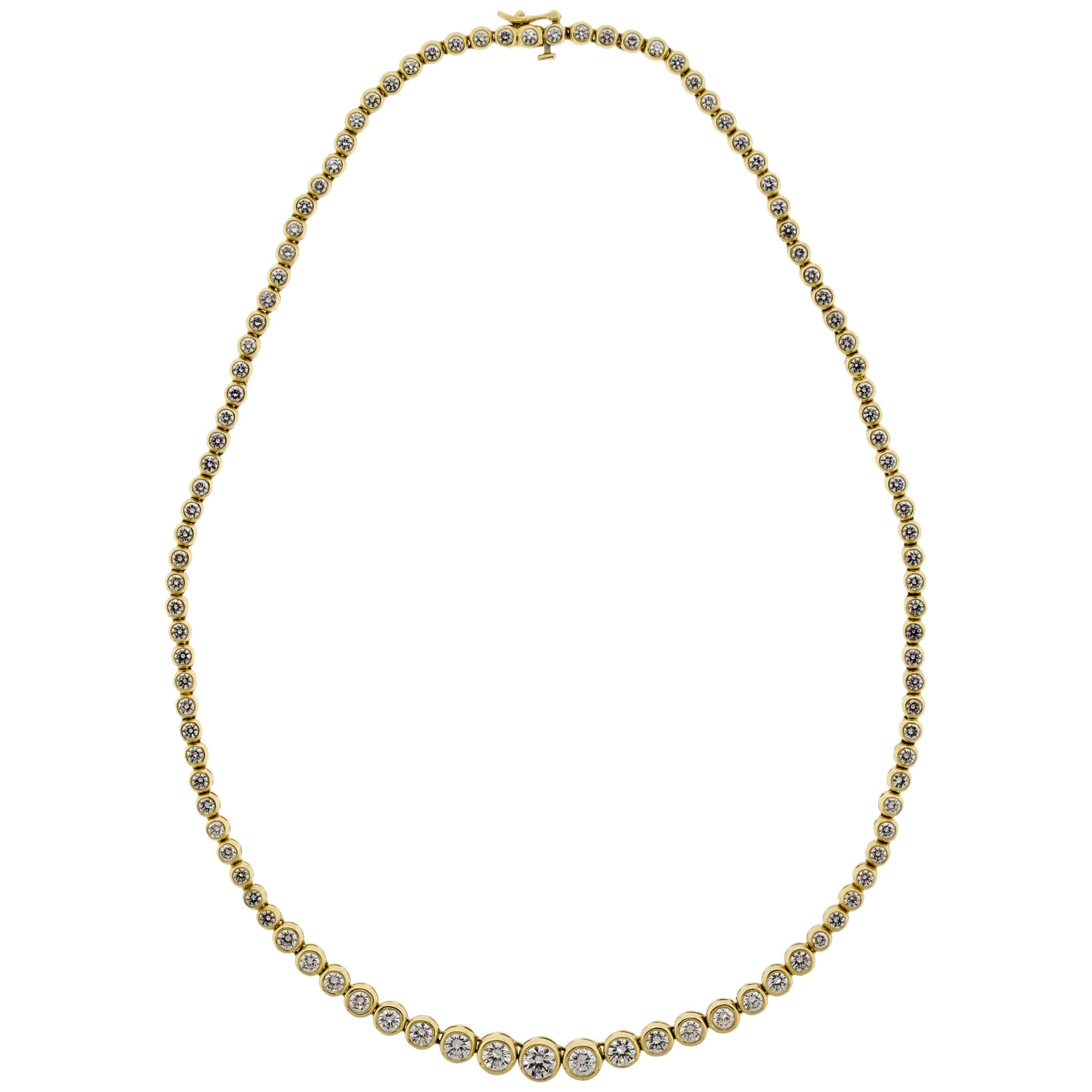 Brilliant and Dazzling Diamond and 14 Karat Yellow Gold Tennis Style Necklace For Sale