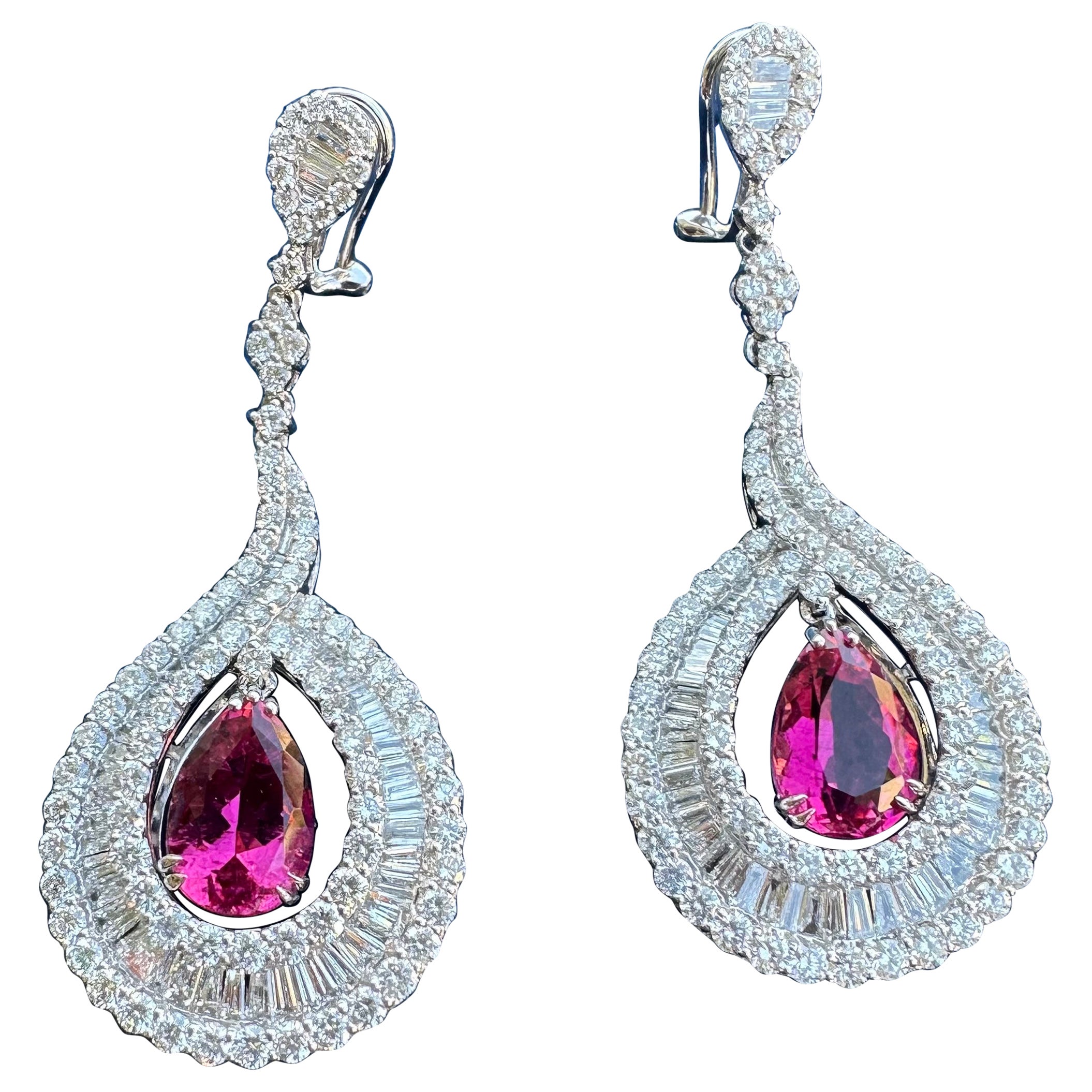 Magnificent Pair of 18.08 Carat Rubellite & Diamond 18K White Gold Drop Earrings For Sale