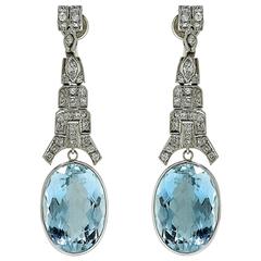 12 Carats Aquamarines Diamond Gold Dangle Earrings