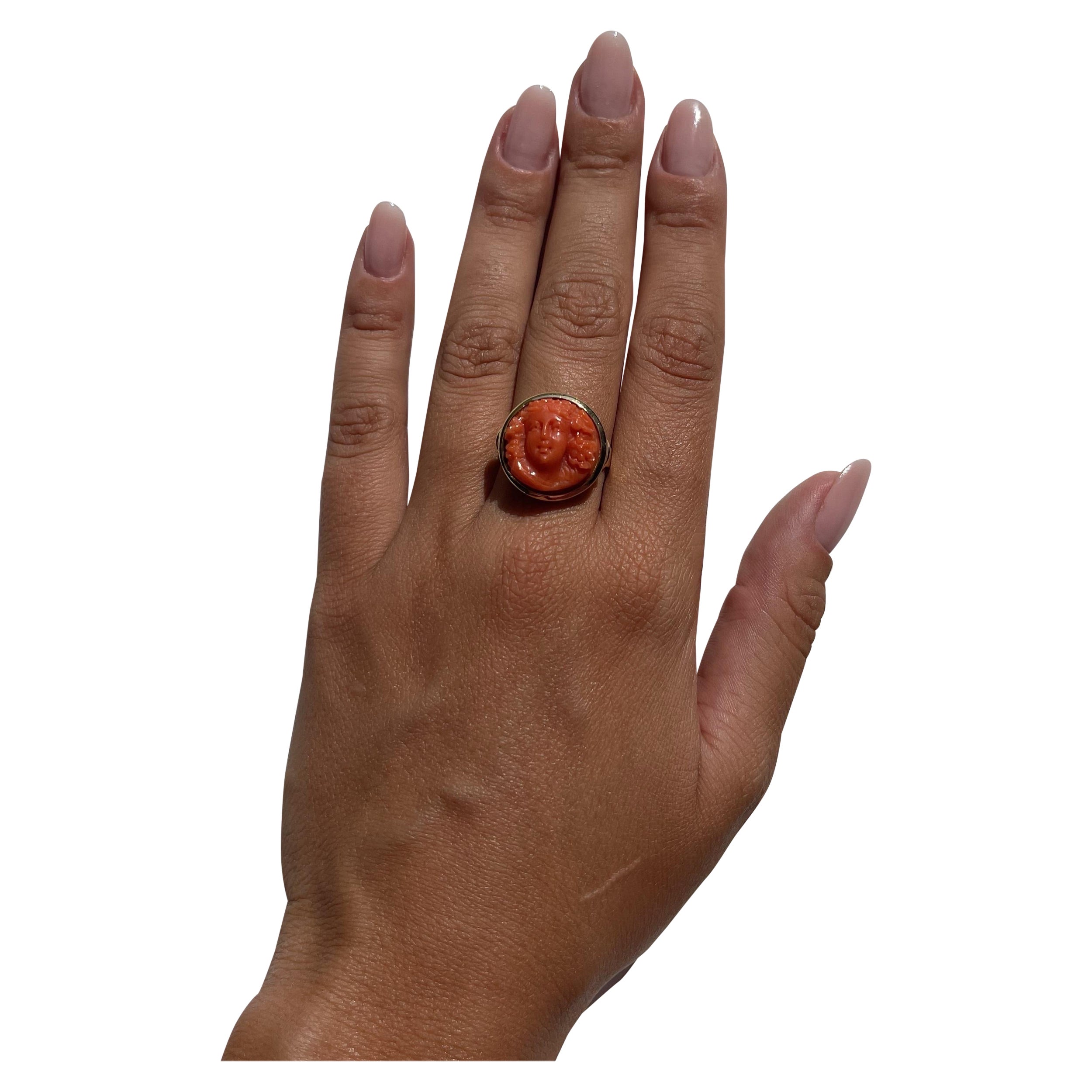 18 Karat Yellow Gold Face Mediterranean Red Coral Antique Cameo Ring For Sale