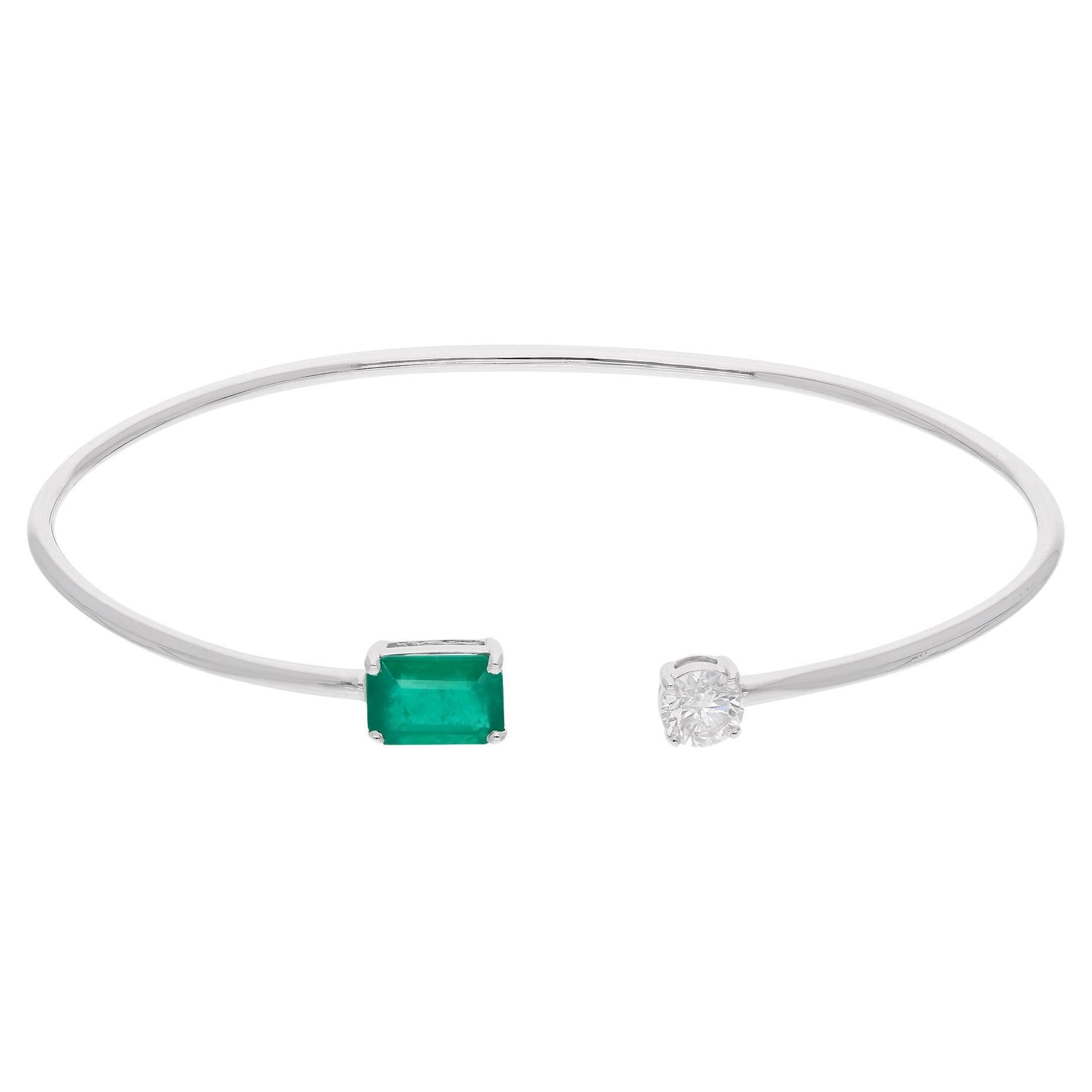 Zambia Emerald Gemstone Cuff Bangle Bracelet Diamond 14 Karat White Gold Jewelry