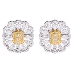 18 Karat Gold 3.05 Carat Fancy Yellow and White Diamond Solitaire Earrings