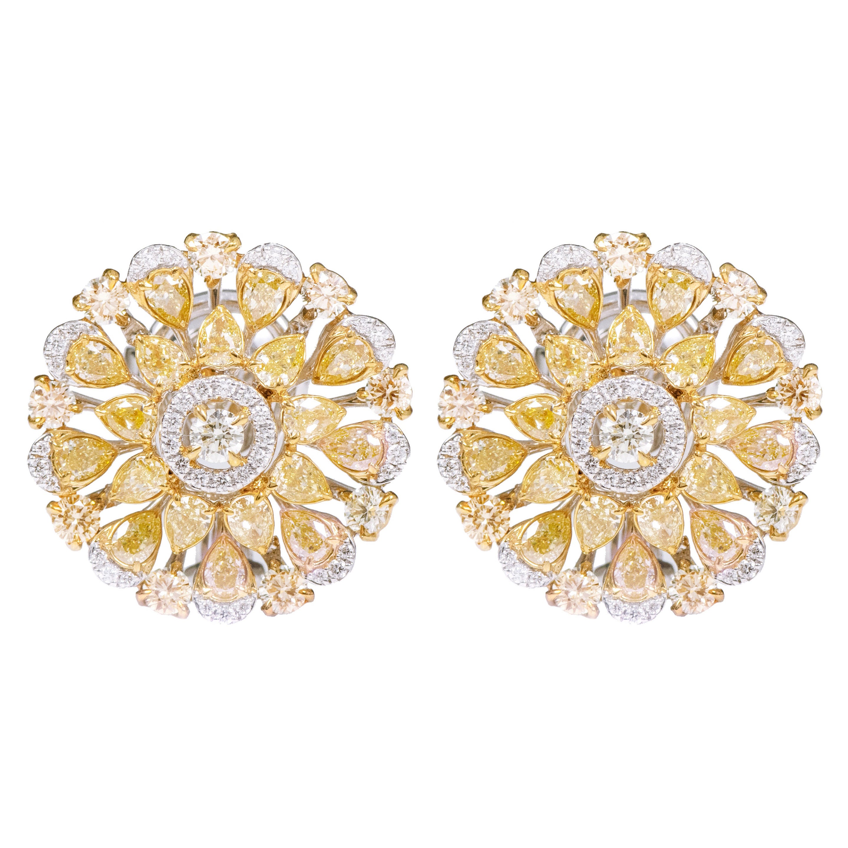 18 Karat Gold 5.69 Carat Fancy Yellow and White Diamond Solitaire Stud Earrings For Sale