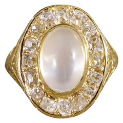Antique Victorian Locket Backed Moonstone and Old Cushion Diamond Cluster Ring in Gold