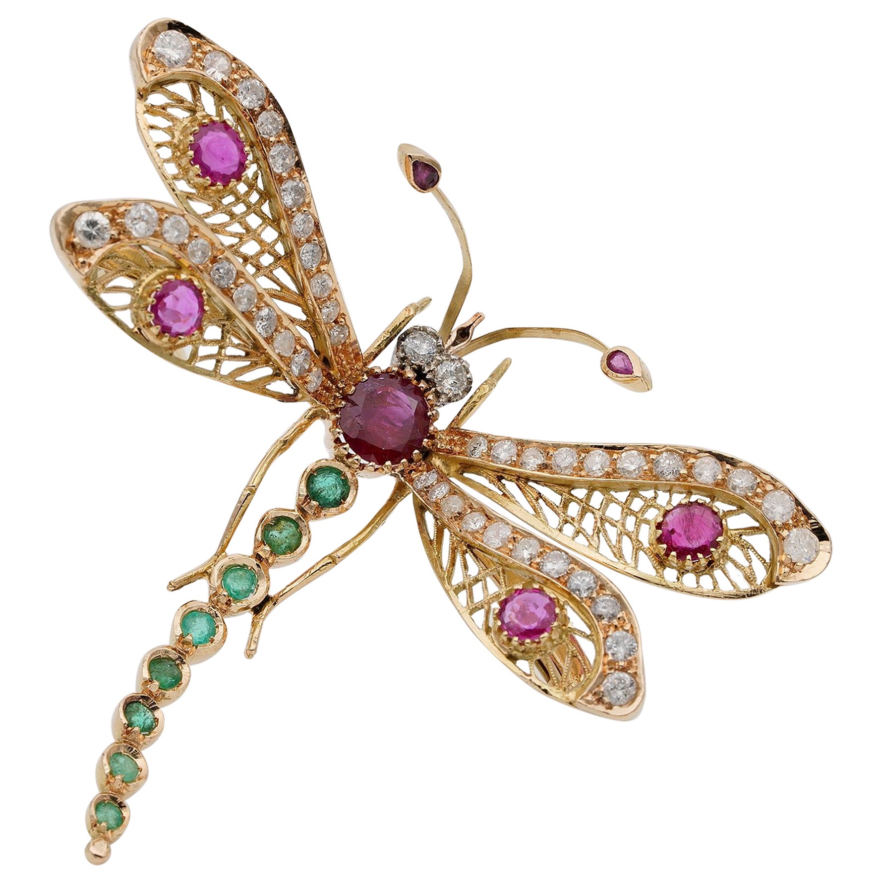 Retro 7.40 Ct Diamond Ruby Emerald 18 Kt Dragonfly Brooch For Sale