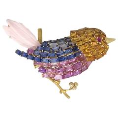 Multi Color Sapphire Bird on a Branch Brooch in 18k Yellow Gold