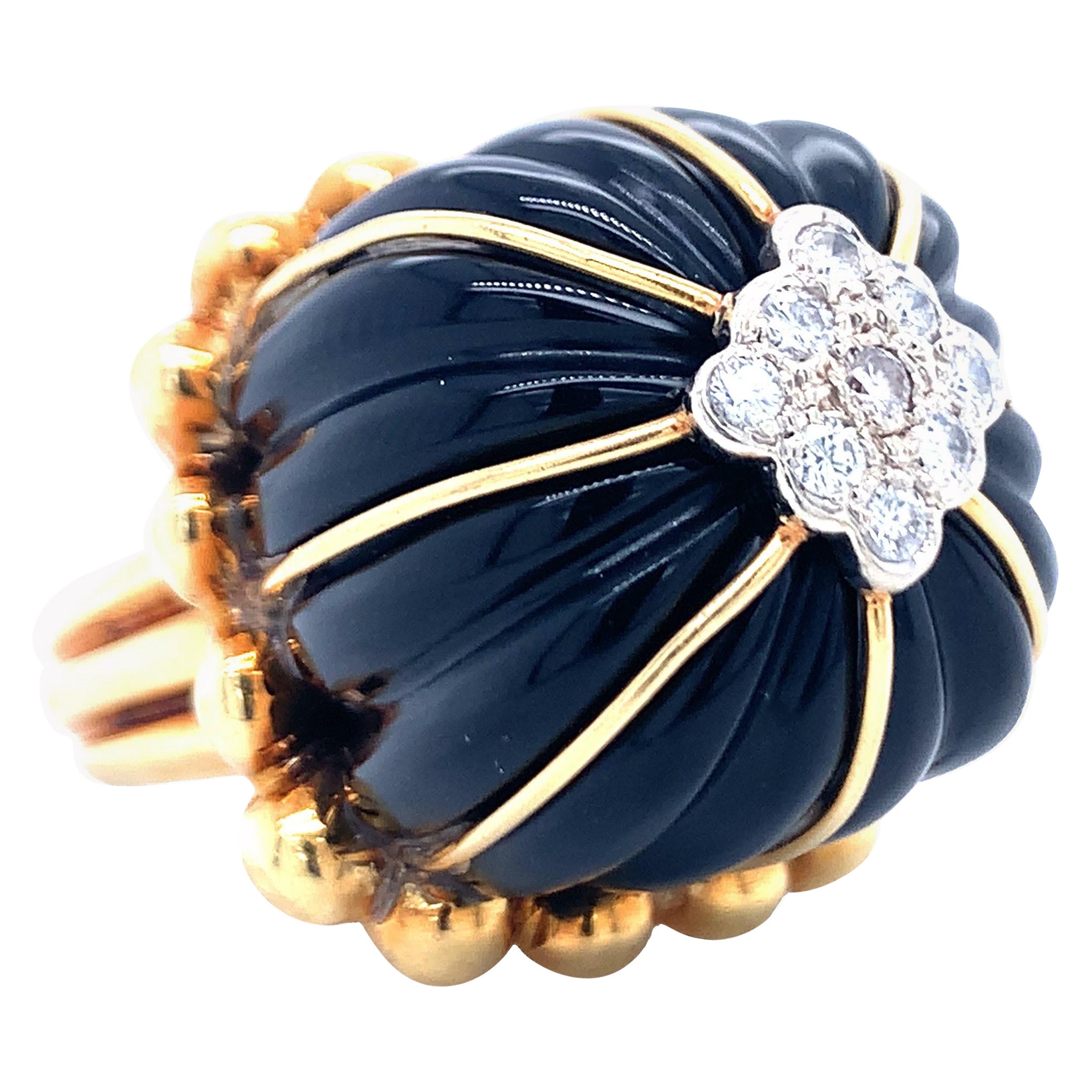 Black Onyx and Diamond 18K Yellow Gold Ring For Sale