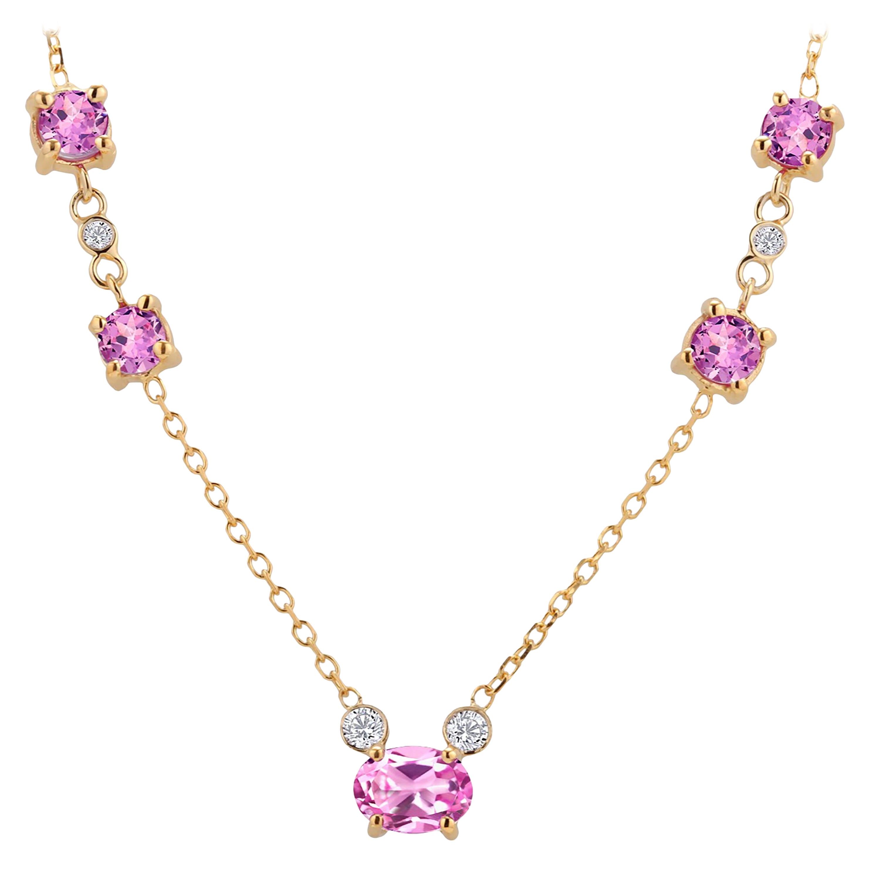Pink Ceylon Sapphires Diamonds 2.82 Carat 18 Inch Yellow Gold Necklace For Sale